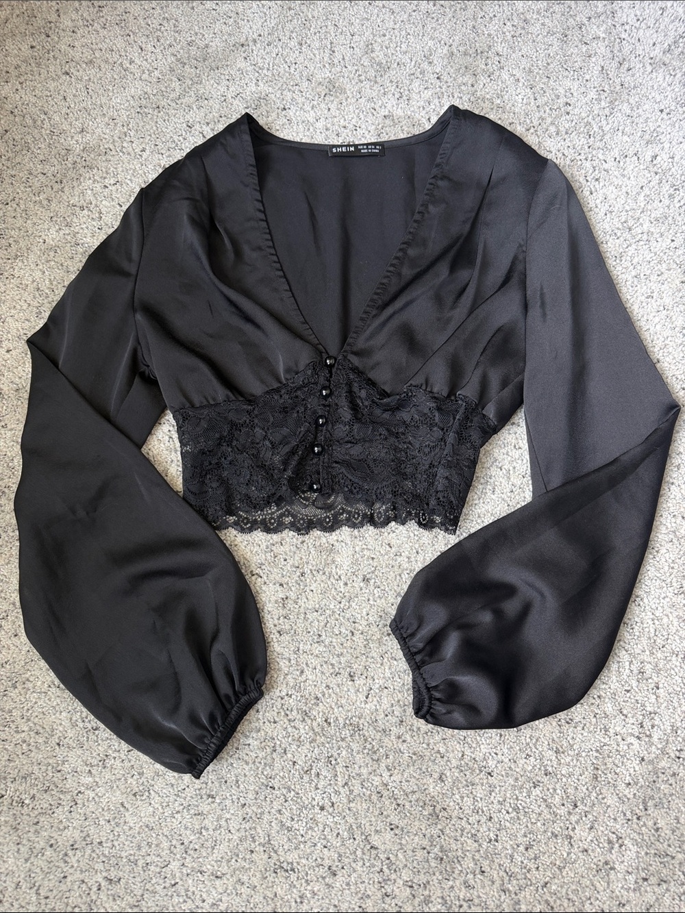SheIn Black Satin Lace-Trim Button Crop Top